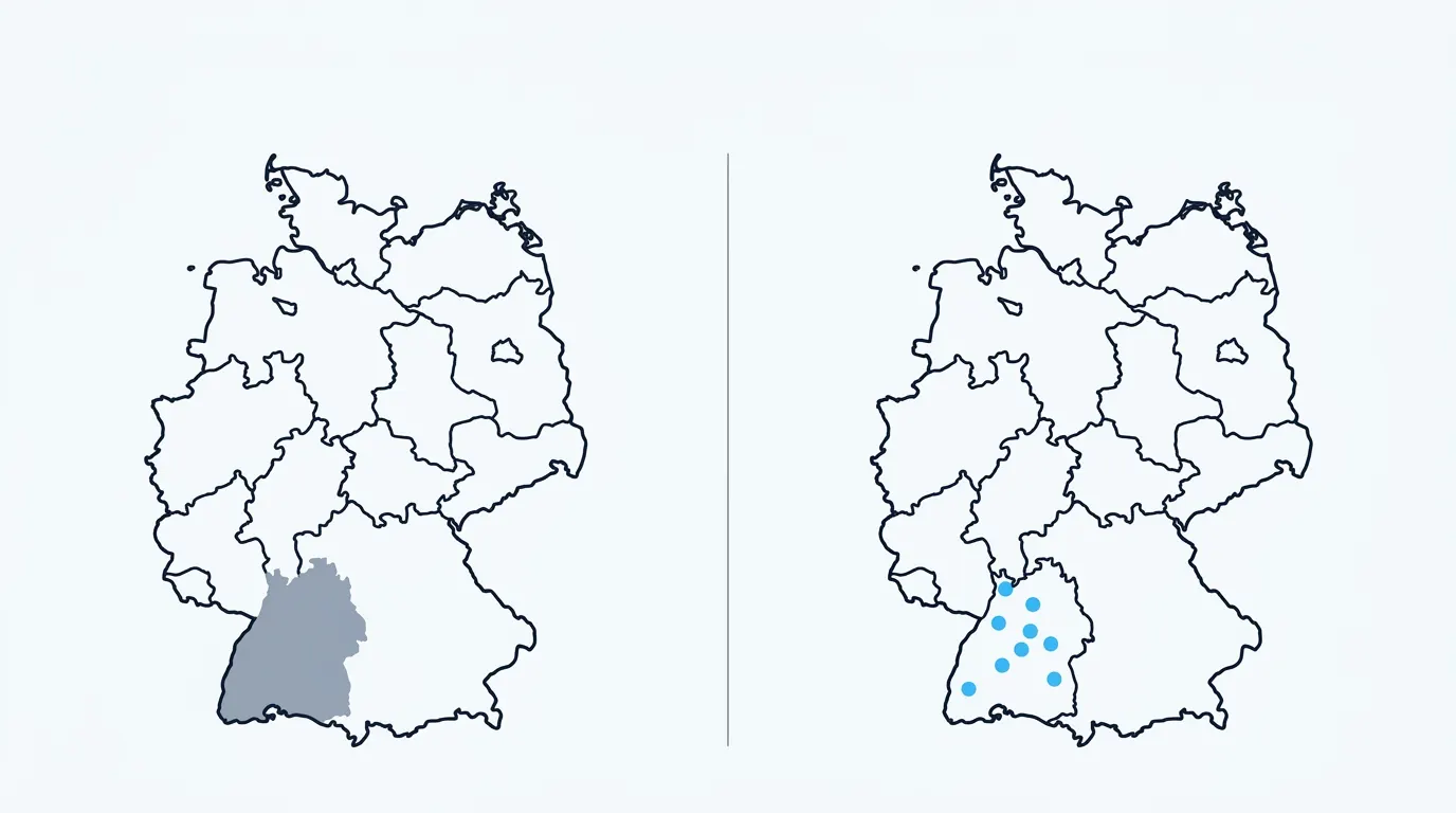 Zwei nebeneinandergestellte Umrisskarten von Baden-Württemberg, links als eine große graue Fläche, rechts als sieben kleine, eng beieinanderliegende Punkte.