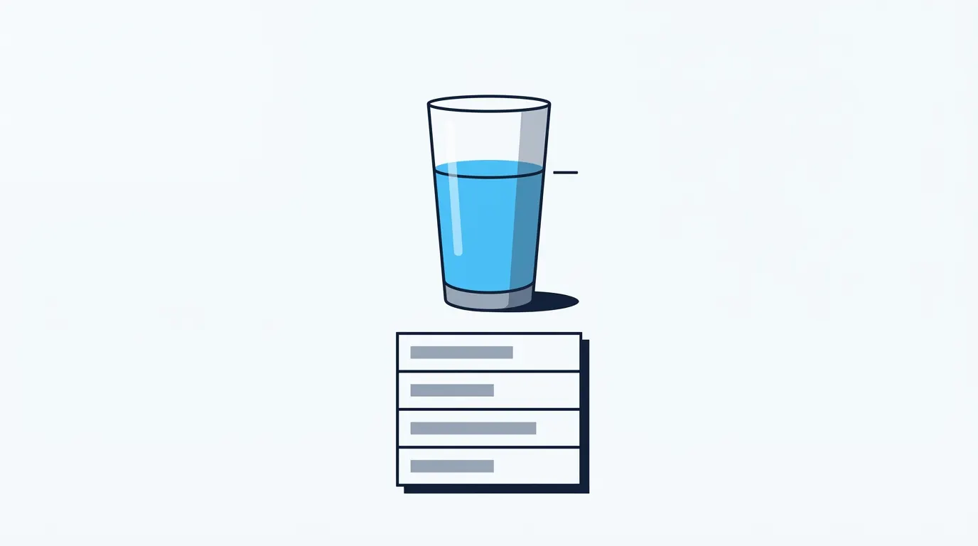 Ein Wasserglas ist bis zu einer markierten Linie gefüllt, darunter steht ein leeres Rechnungsraster mit vier Zeilen.