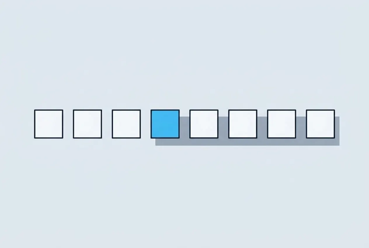 Acht gleich große Quadrate in einer Reihe, von denen nur eines farblich hervorgehoben ist, die anderen bleiben nur als Umriss.