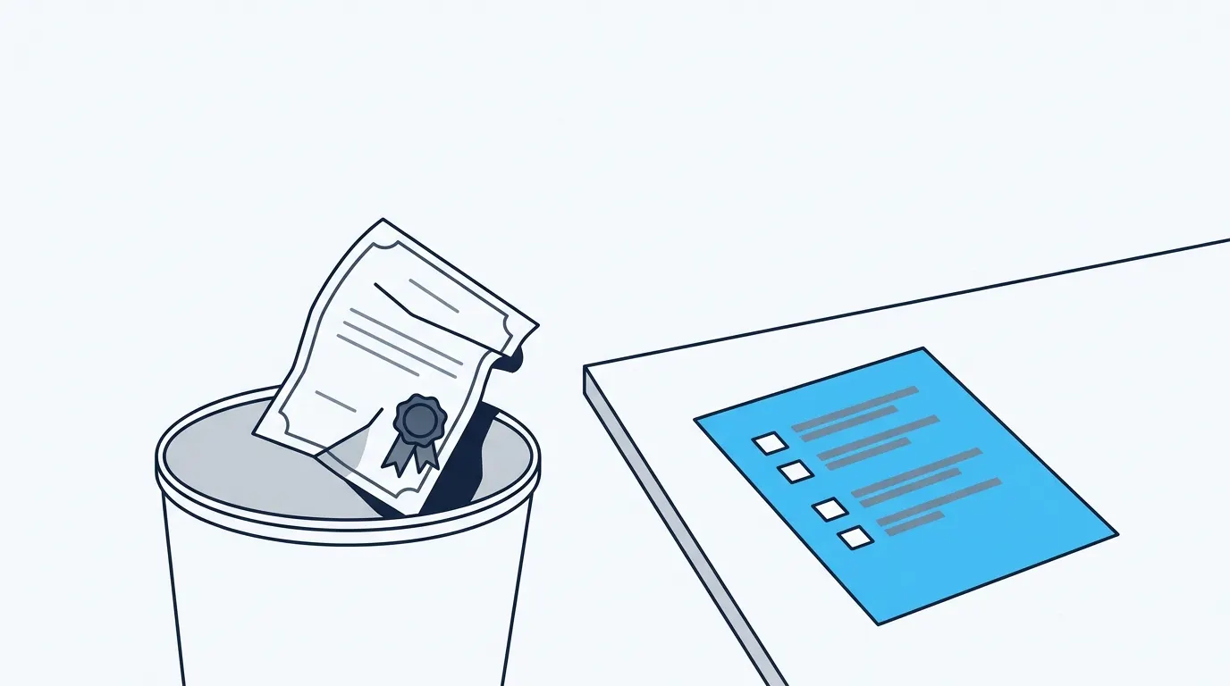 Illustration eines Zertifikats mit Siegel, das in einen Papierkorb fällt, während daneben ein Blatt mit vier leeren Kästchen liegt.