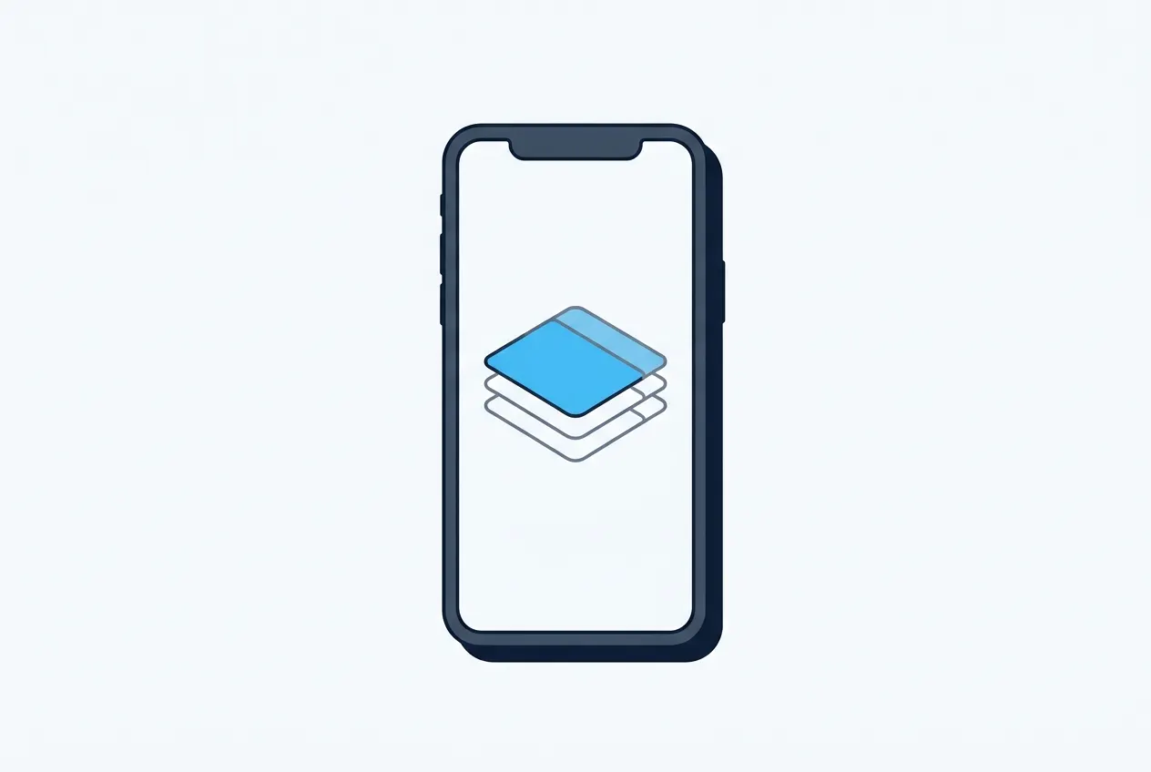 Ein Smartphone zeigt auf dem Bildschirm mehrere übereinandergestapelte Kartenkacheln, wobei die oberste hervorgehoben ist.